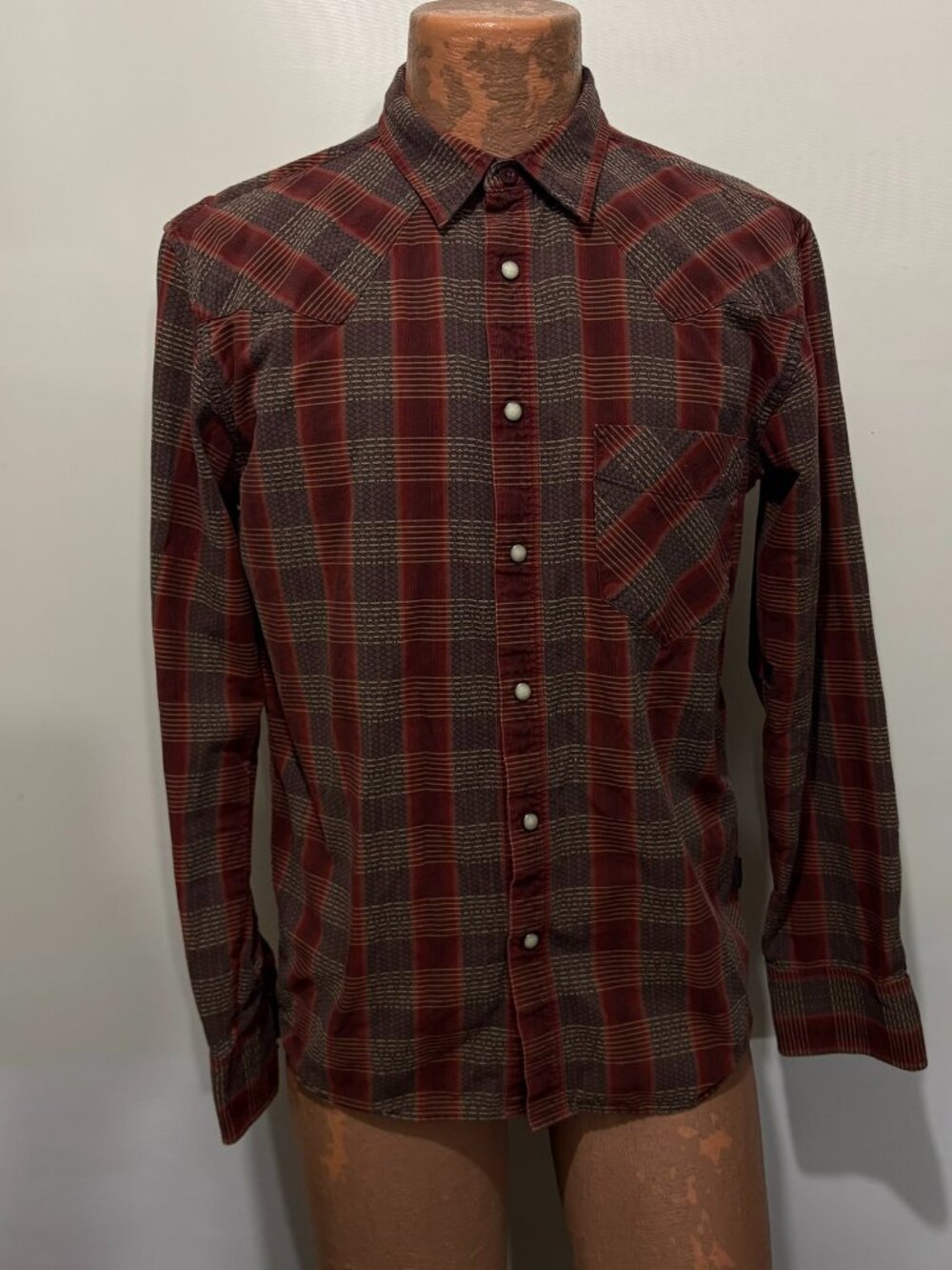 Patagonia M Red Brown Plaid Snap-Front Long-Sleeve Western Cowboy Cotton Shirt